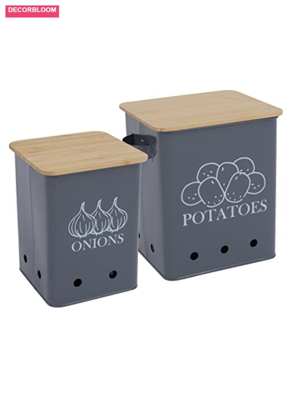 Potato Onion Storage Bin Set of 2 Metal Wooden Lid Kitchen Canister